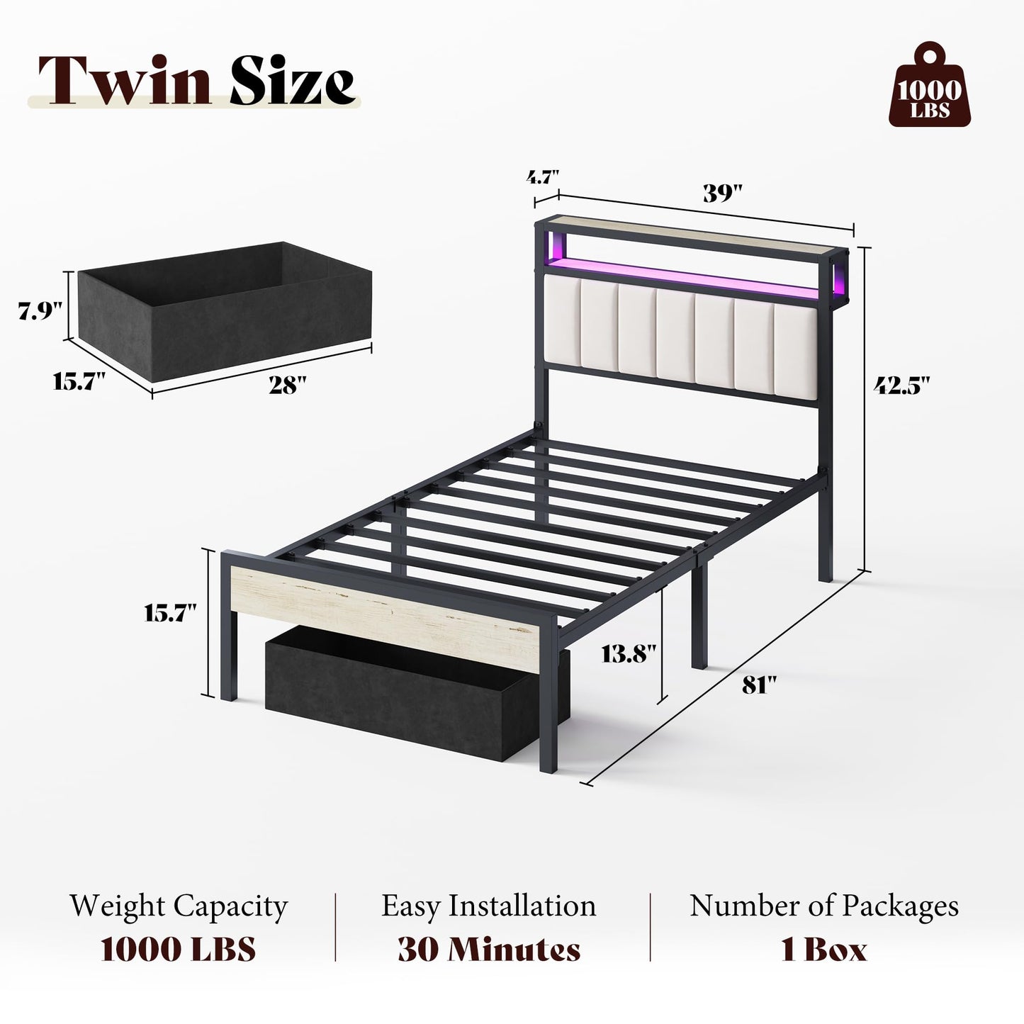 Veltrix LED Storage Velvet Bed Frame Amerlife Twin / White