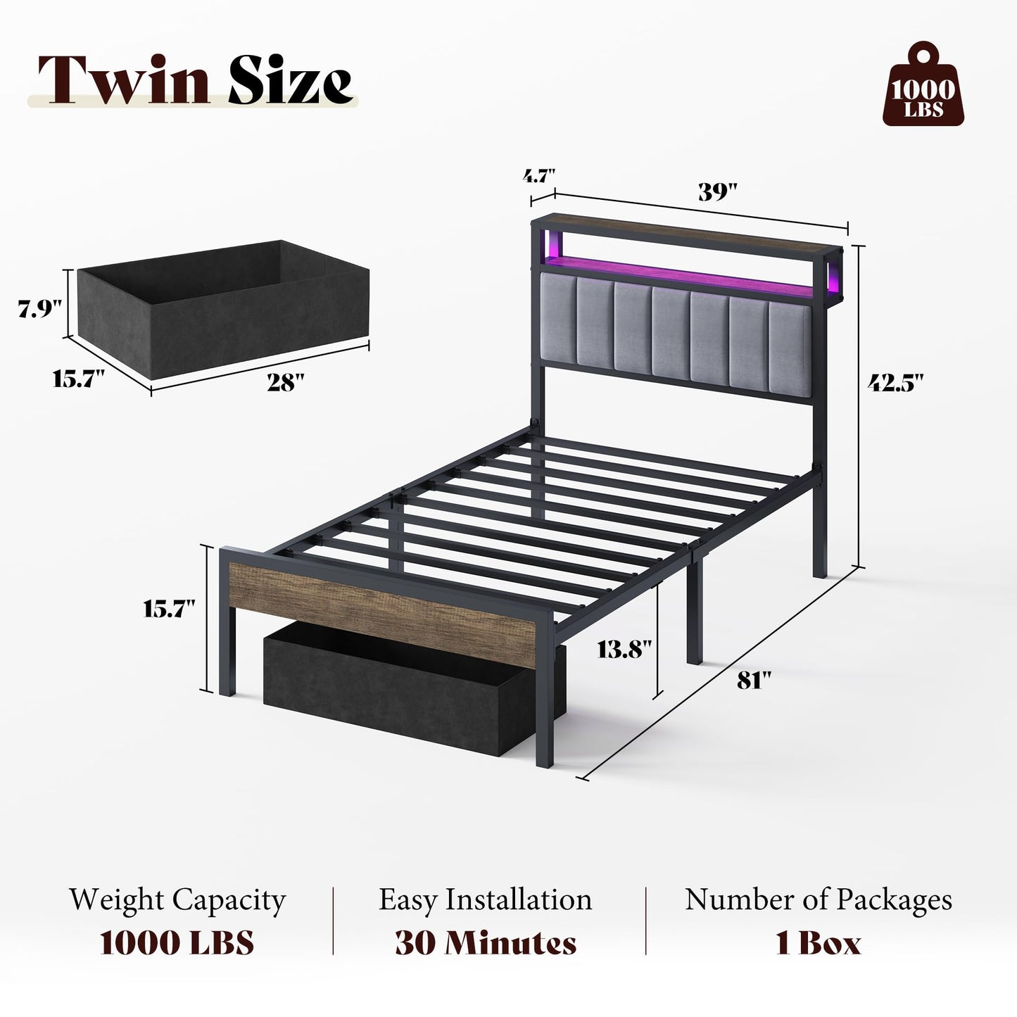 Veltrix LED Storage Velvet Bed Frame Amerlife Twin / Grey