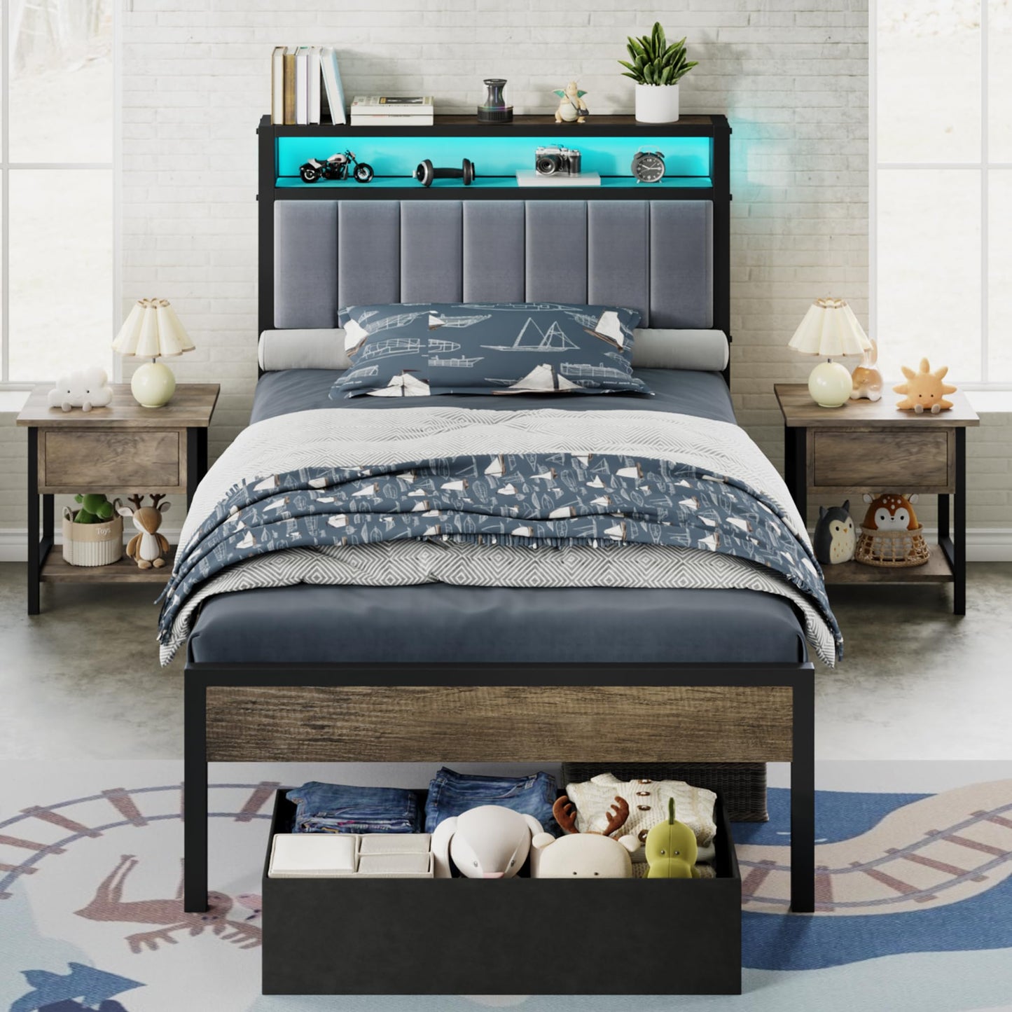Veltrix LED Storage Velvet Bed Frame Amerlife Twin / Grey