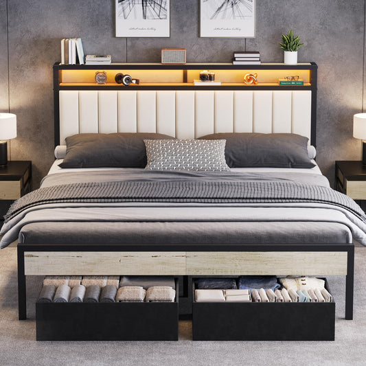 Veltrix LED Storage Velvet Bed Frame Amerlife King / White