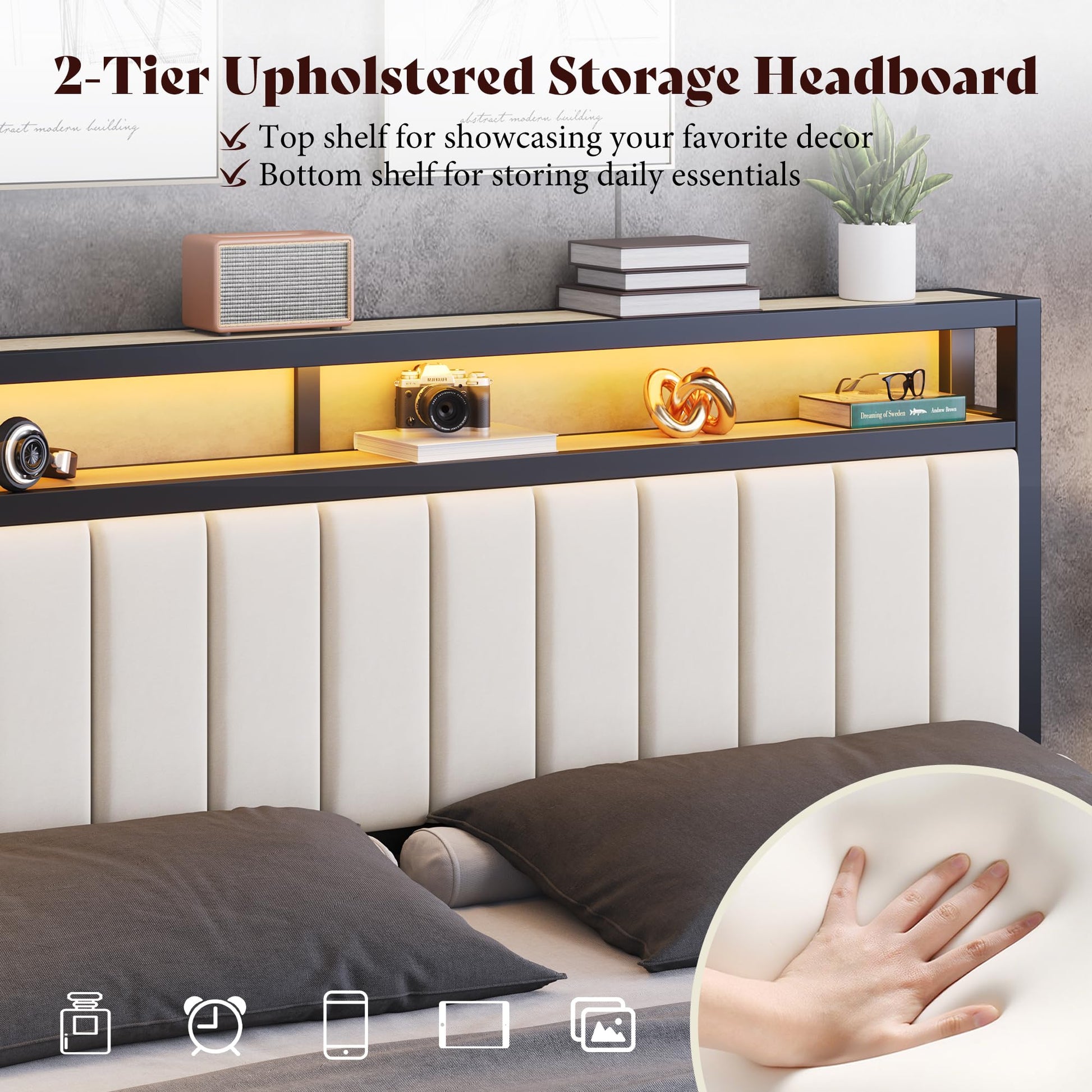 Veltrix LED Storage Velvet Bed Frame Amerlife King / White