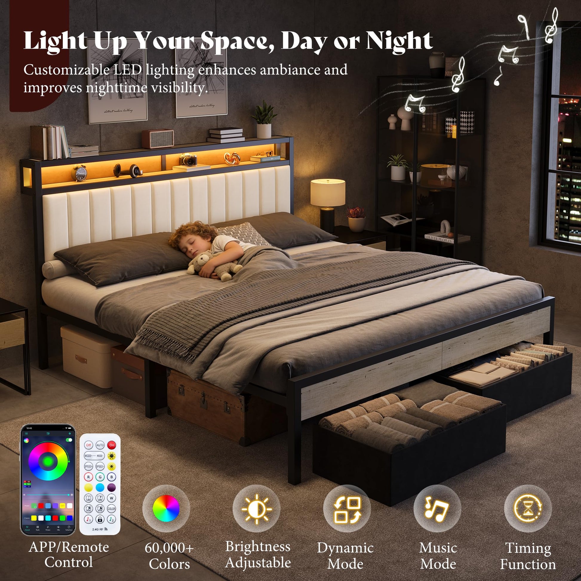 Veltrix LED Storage Velvet Bed Frame Amerlife King / White