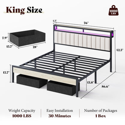 Veltrix LED Storage Velvet Bed Frame Amerlife King / White