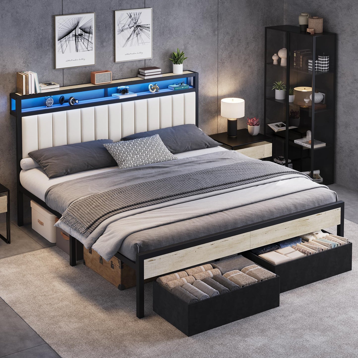Veltrix LED Storage Velvet Bed Frame Amerlife King / White