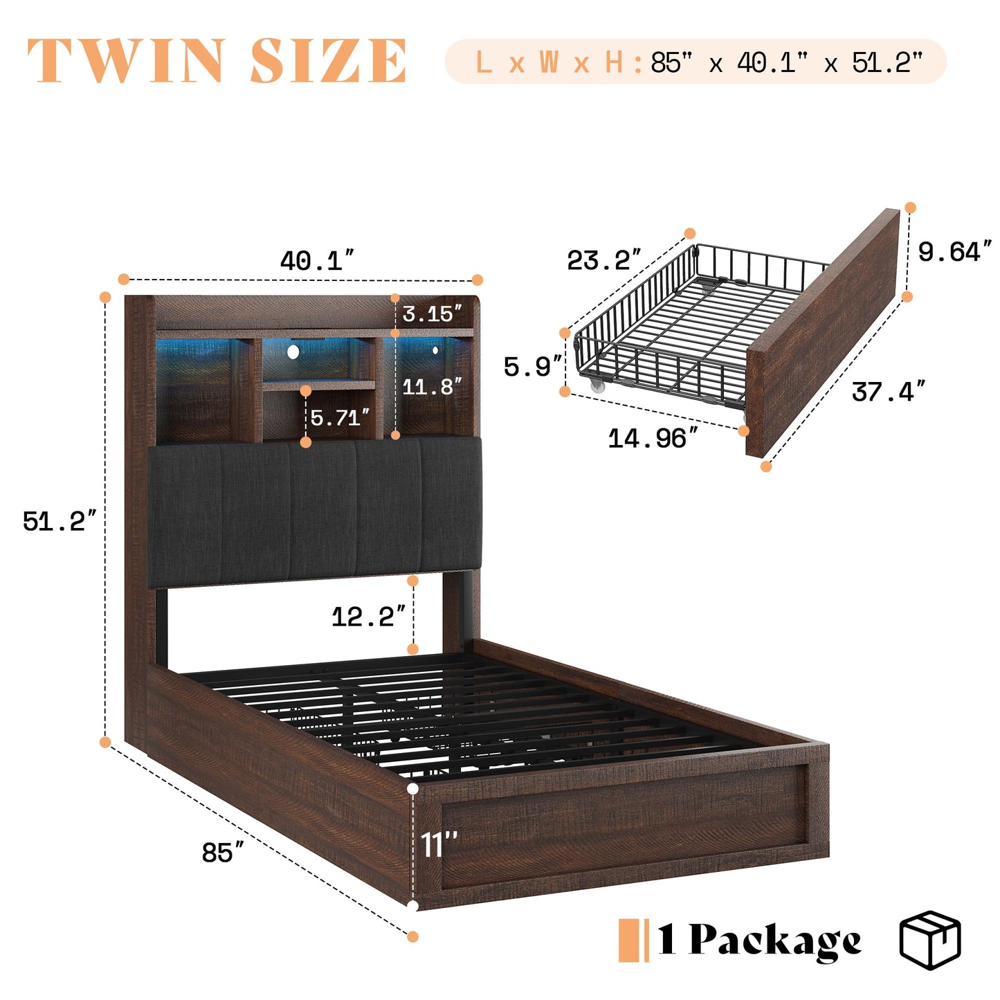 Twin Storage Bed with Bookcase Headboard Amerlife Rustic Brown