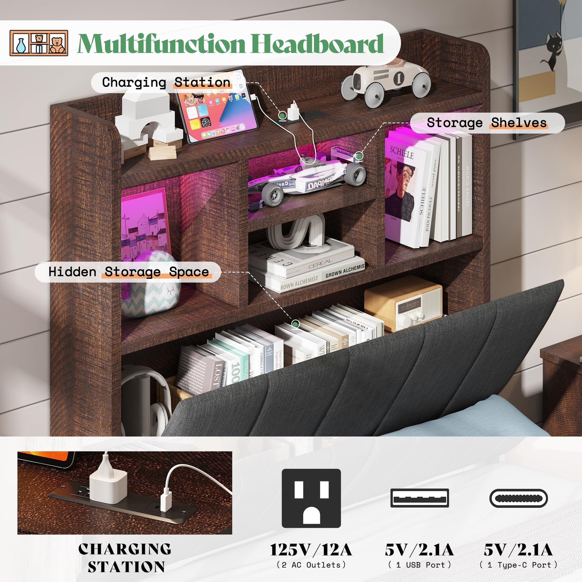 Twin Storage Bed with Bookcase Headboard Amerlife Rustic Brown