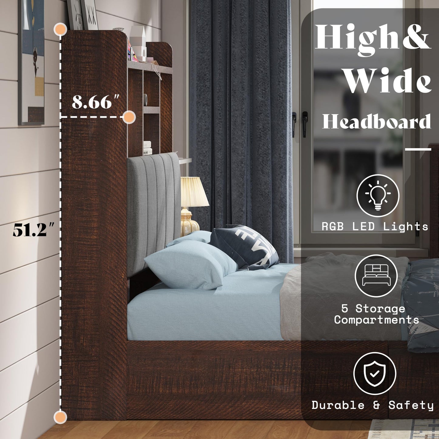 Twin Storage Bed with Bookcase Headboard Amerlife Rustic Brown