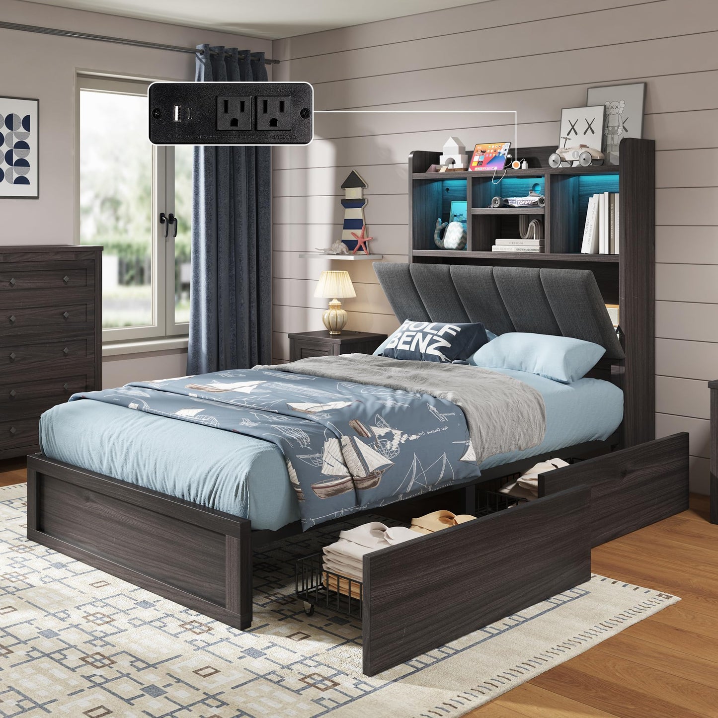Twin Storage Bed with Bookcase Headboard Amerlife Black
