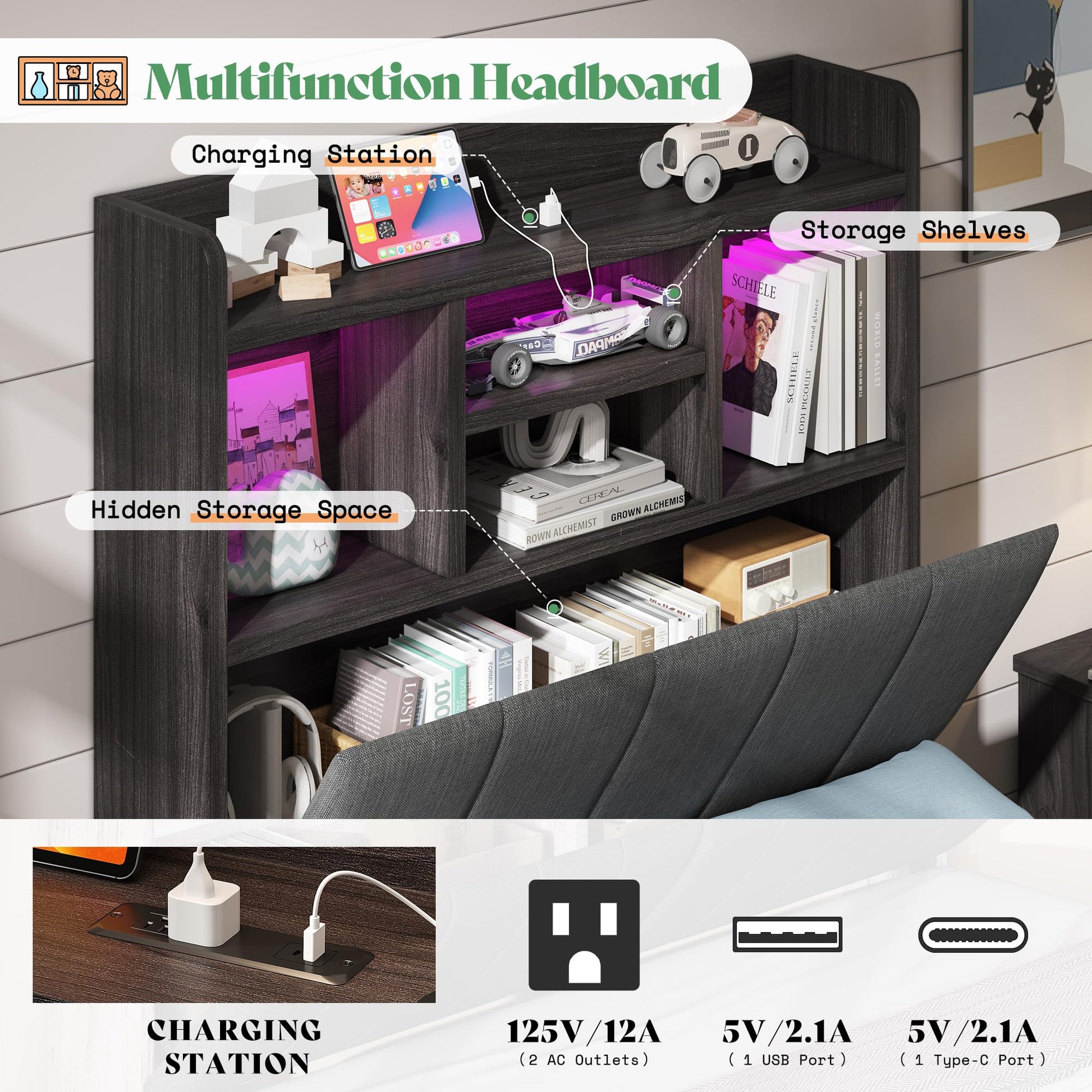 Twin Storage Bed with Bookcase Headboard Amerlife Black