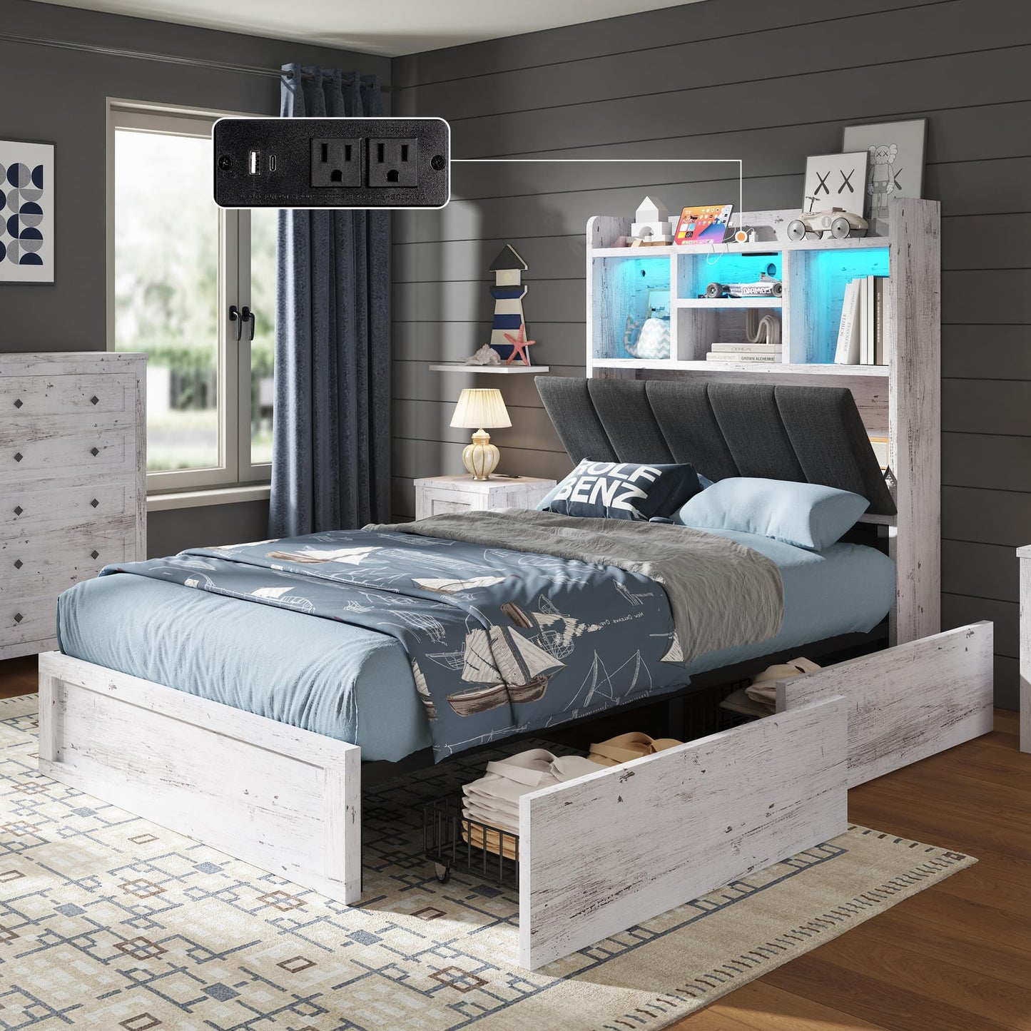 Twin Storage Bed with Bookcase Headboard Amerlife Rustic White