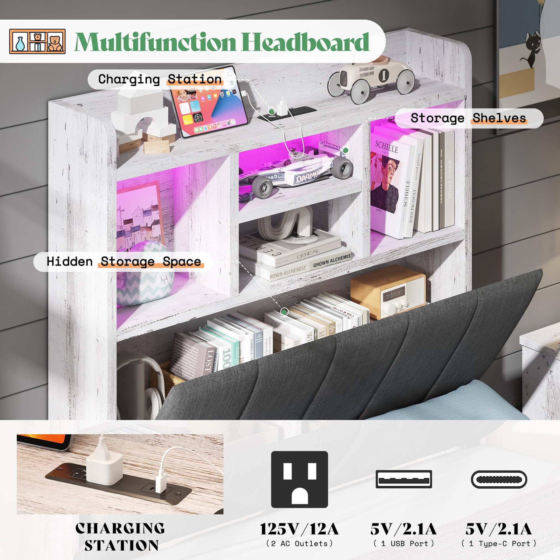 Twin Storage Bed with Bookcase Headboard Amerlife Rustic White