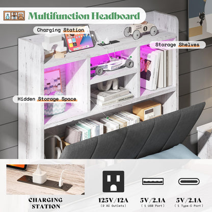 Twin Storage Bed with Bookcase Headboard Amerlife Rustic White