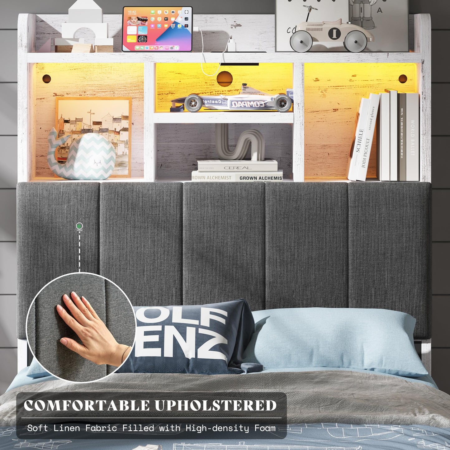 Twin Storage Bed with Bookcase Headboard Amerlife Rustic White