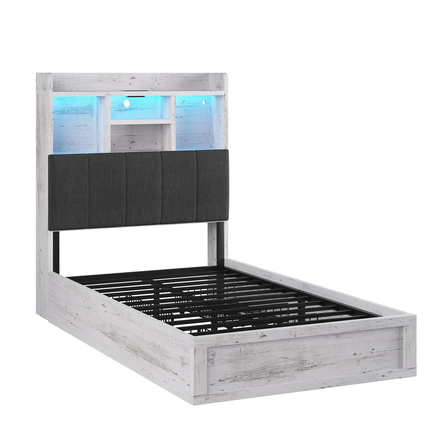 Twin Storage Bed with Bookcase Headboard Amerlife Rustic White