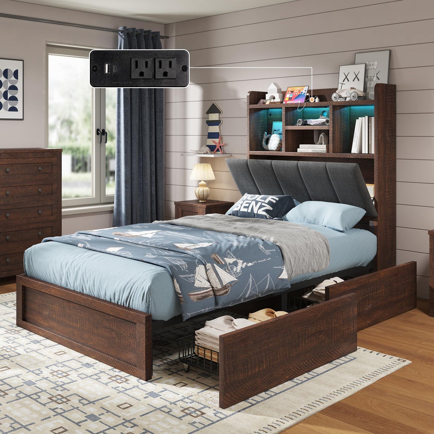 Twin Storage Bed with Bookcase Headboard Amerlife Rustic Brown