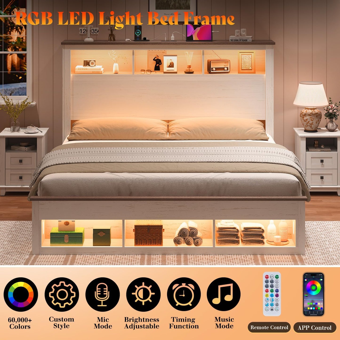 Larkin LED Storage Bed Set Amerlife White / Queen