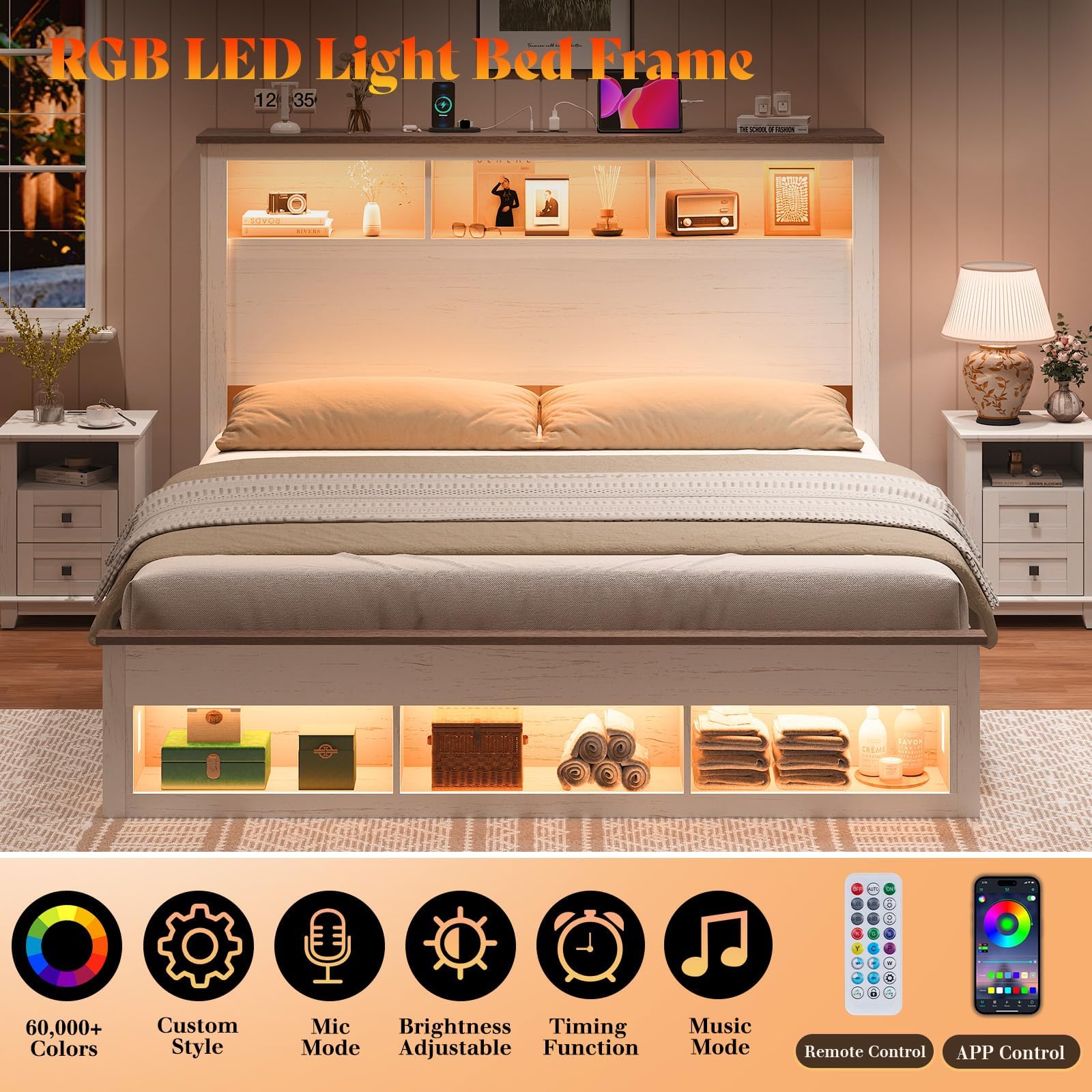 Larkin LED Storage Bed Set Amerlife White / Queen