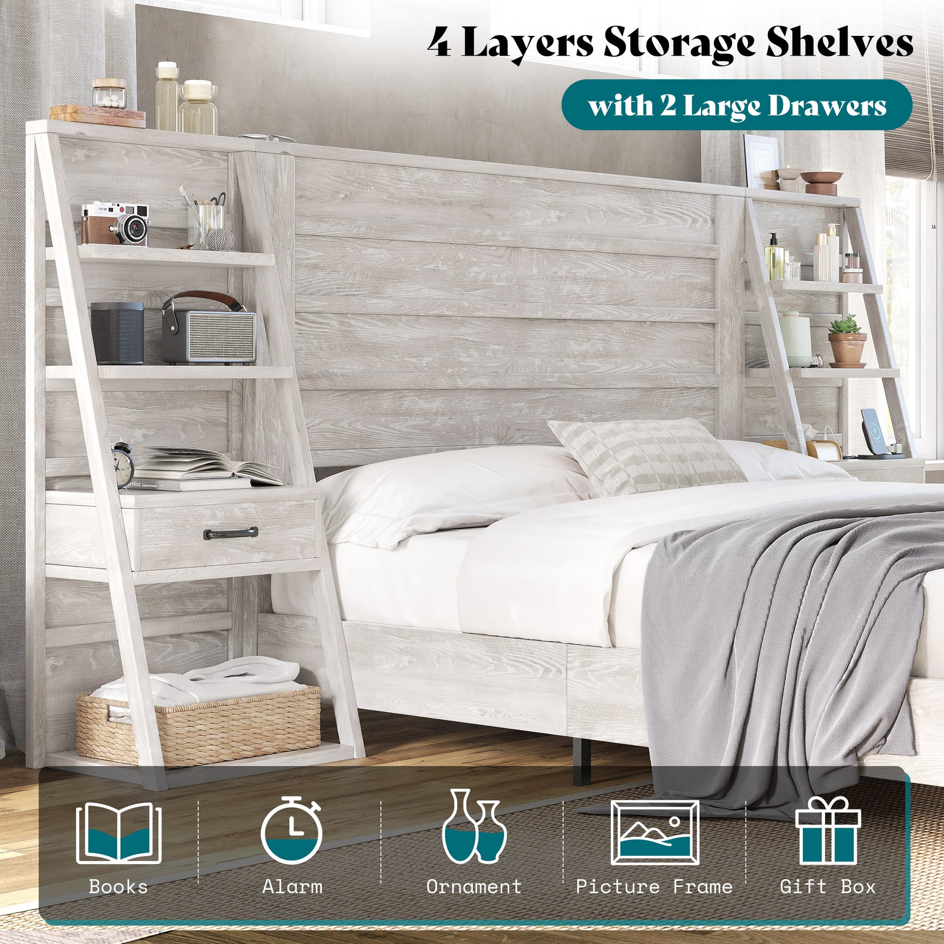 Tier Bed Frame with Bookshelves Amerlife Full / White