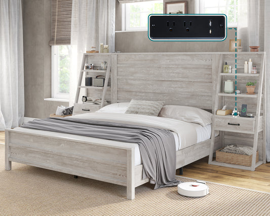 Tier Bed Frame with Bookshelves Amerlife King / White