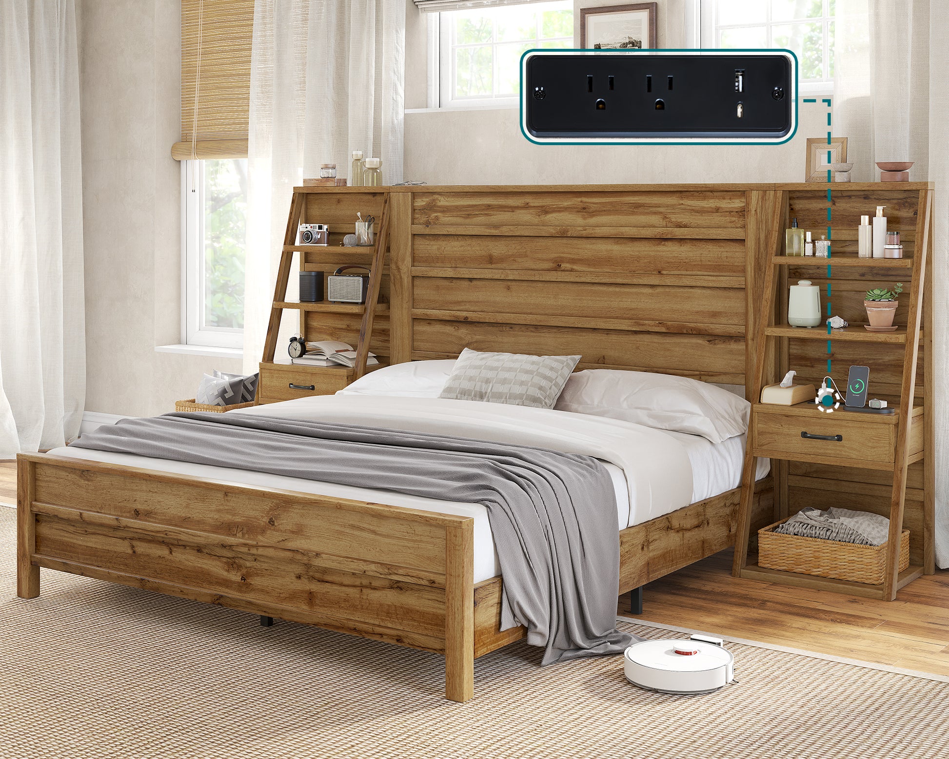 Tier Bed Frame with Bookshelves Amerlife King / Brown
