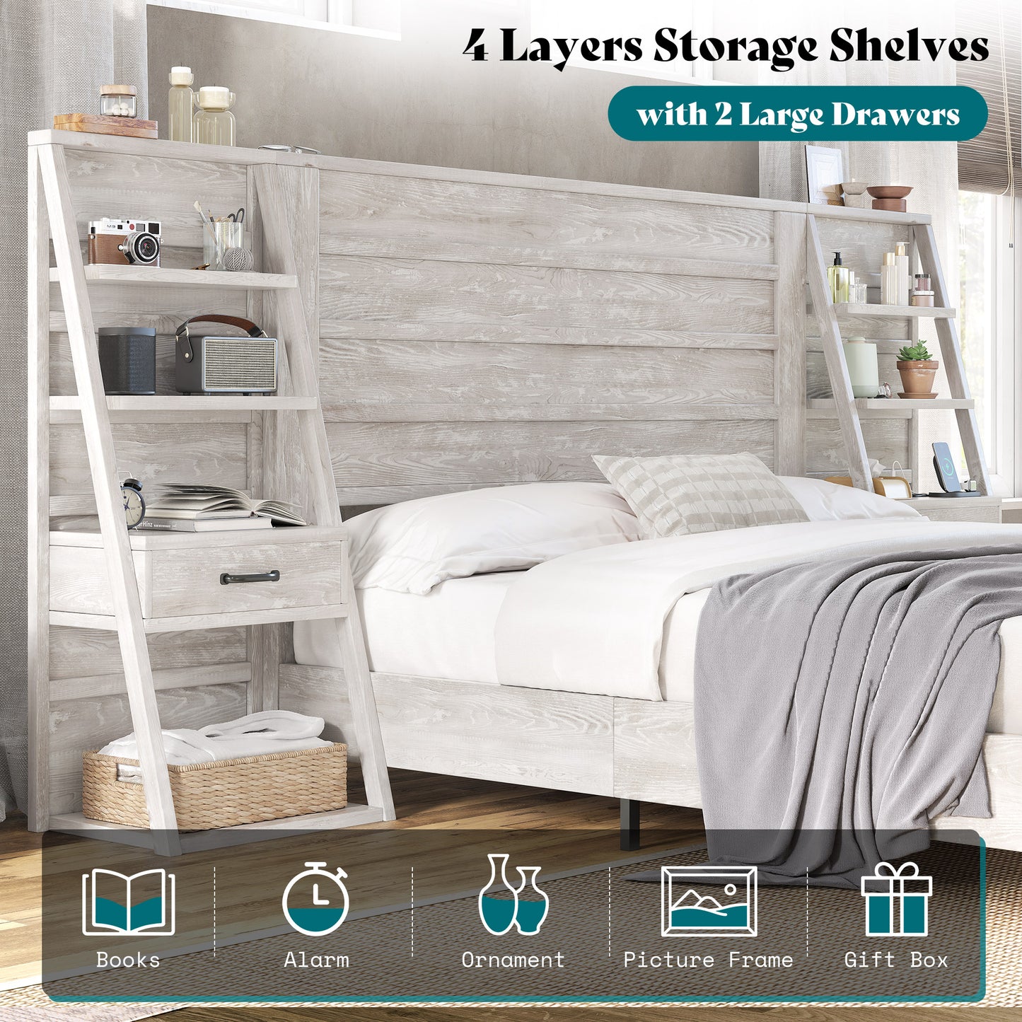 Tier Bed Frame with Bookshelves Amerlife King / White