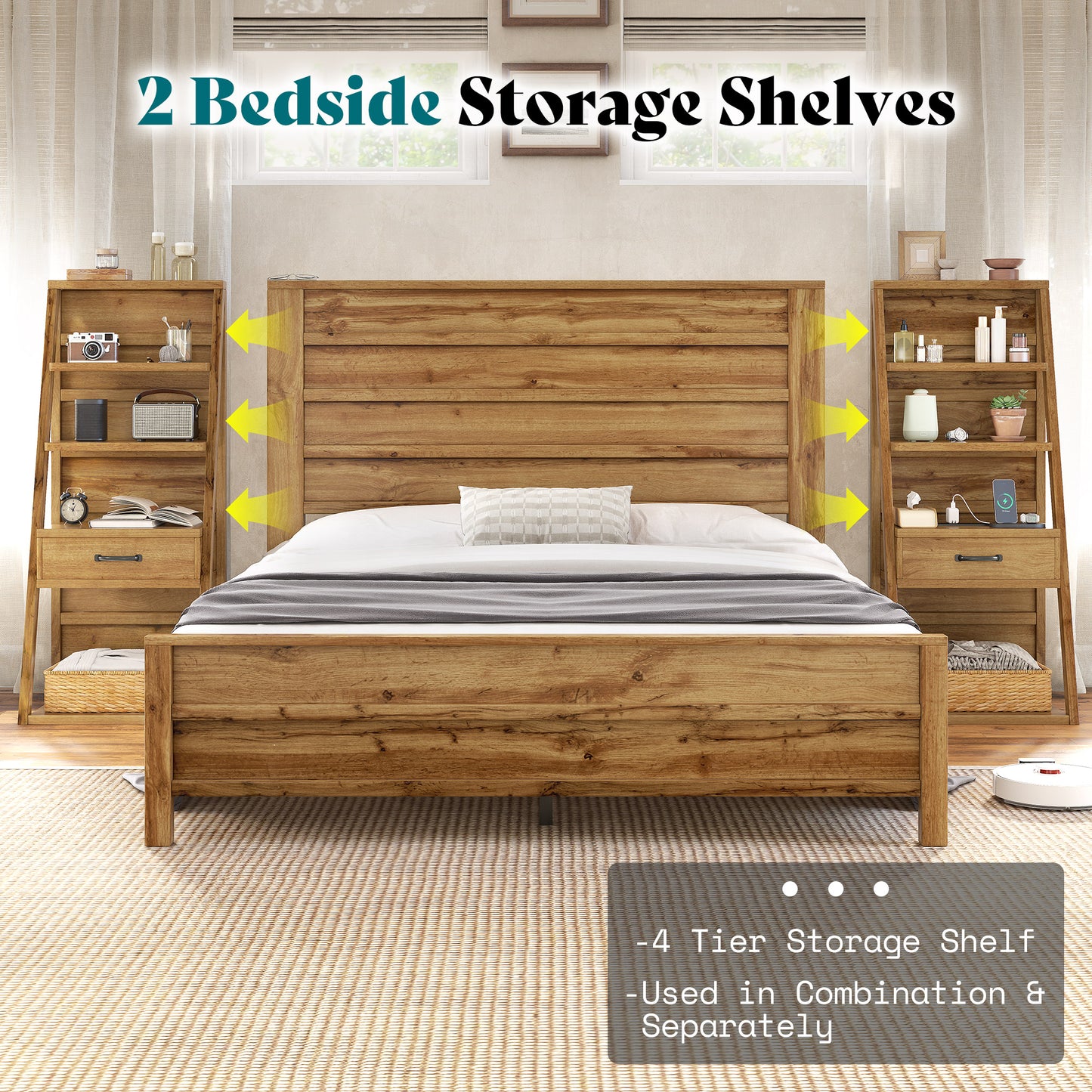 Tier Bed Frame with Bookshelves Amerlife King / Brown