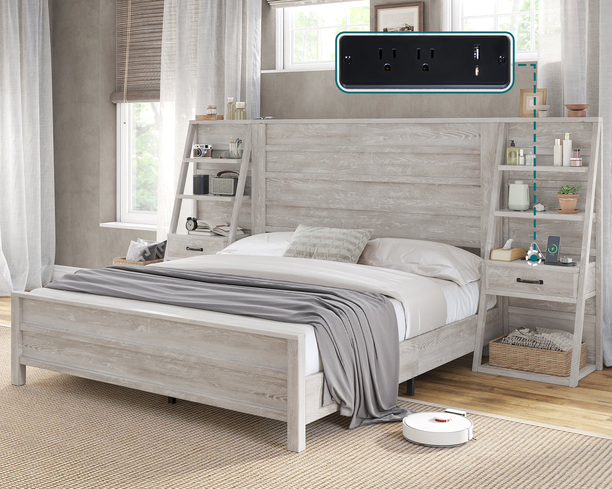 Tier Bed Frame with Bookshelves Amerlife Queen / White