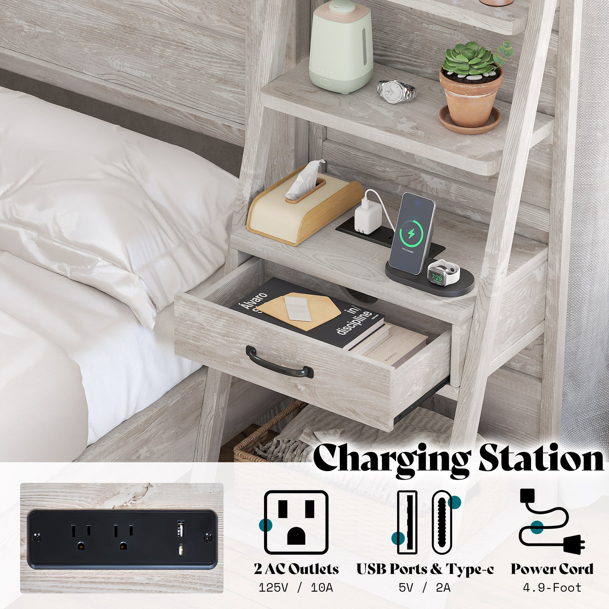 Tier Bed Frame with Bookshelves Amerlife Queen / White