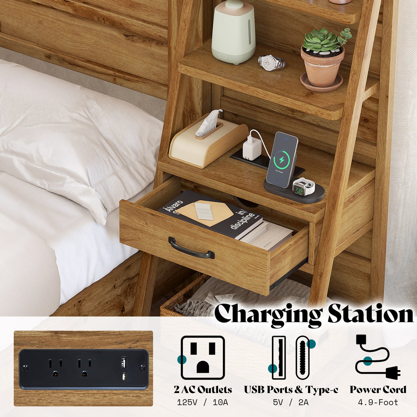Tier Bed Frame with Bookshelves Amerlife King / Brown