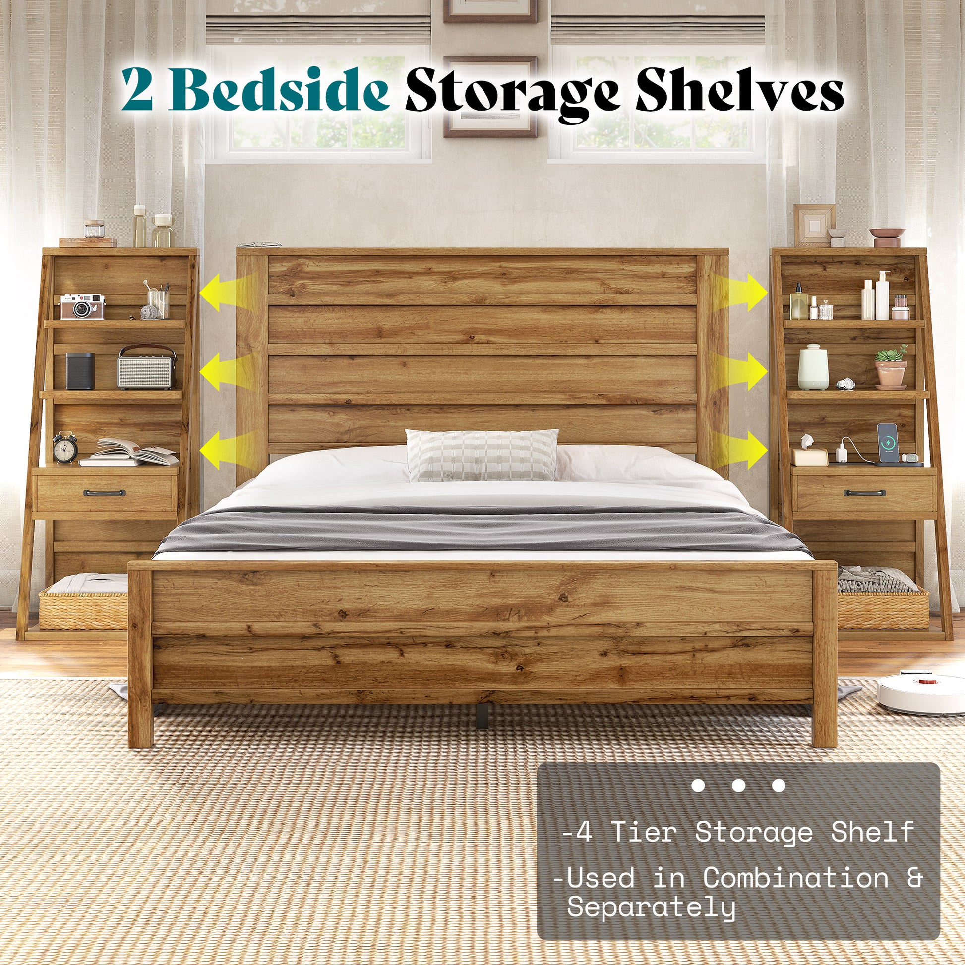Tier Bed Frame with Bookshelves Amerlife Queen / Brown