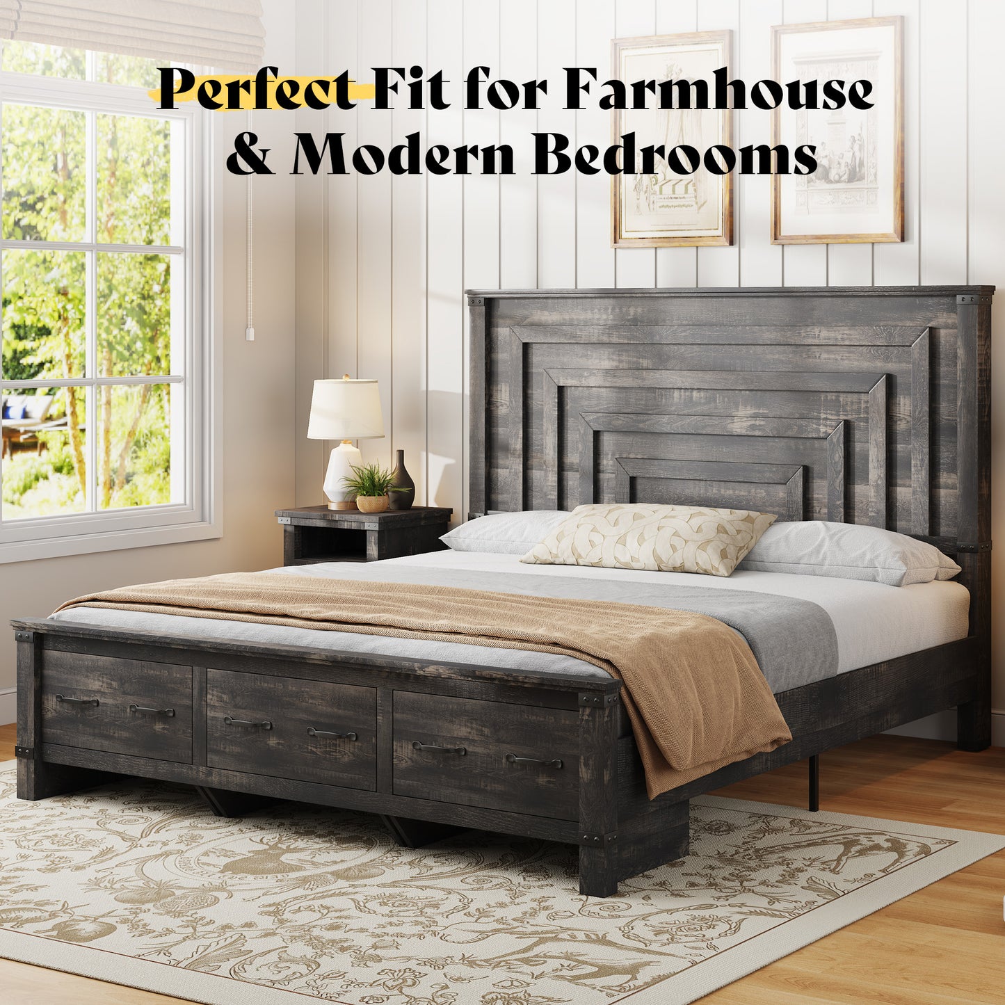 Quin Bed Frame Farmhouse Storage Bed Amerlife Black King
