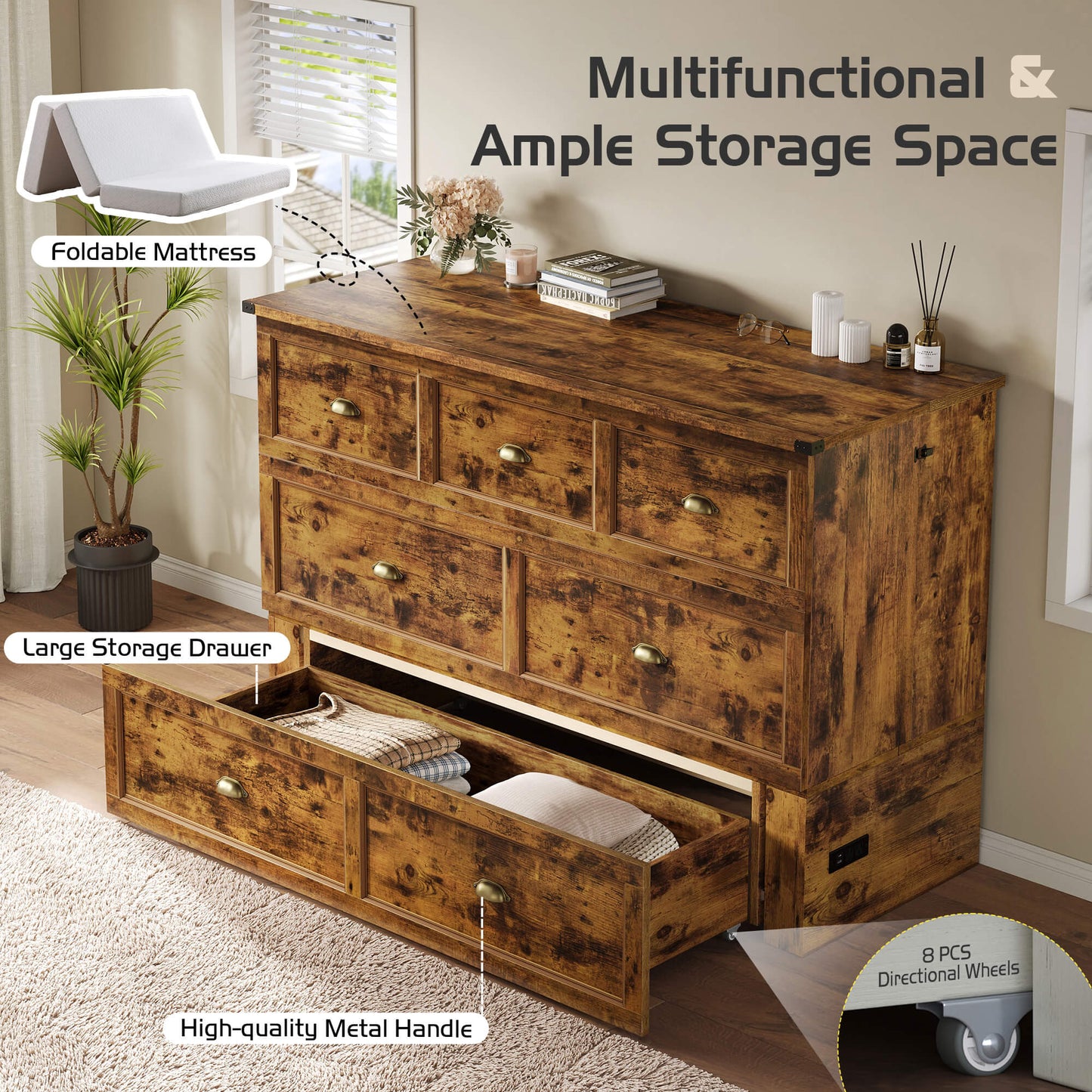 Haven Farmhouse Murphy Bed with Storage - F-BROWN