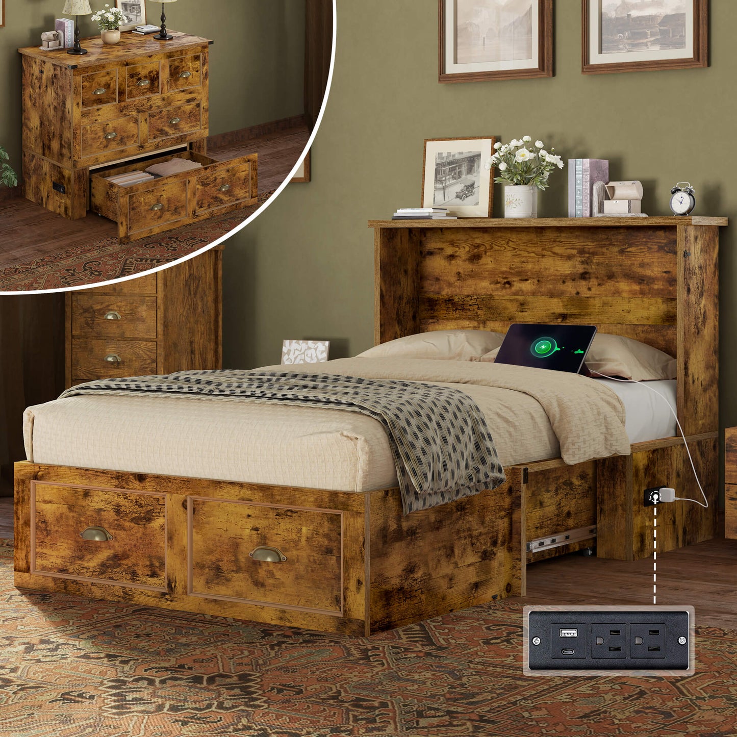 Haven Farmhouse Murphy Bed with Storage - T-BROWN