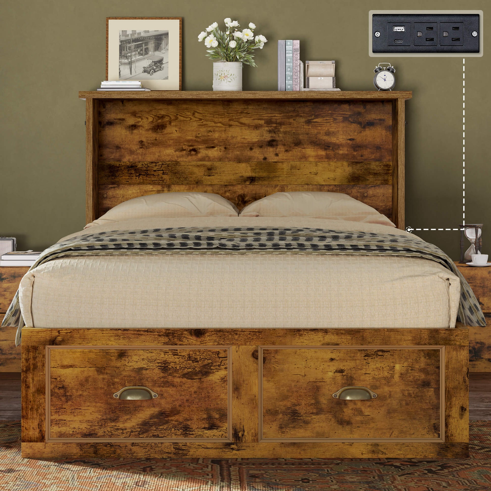 Haven Farmhouse Murphy Bed with Storage - T-BROWN
