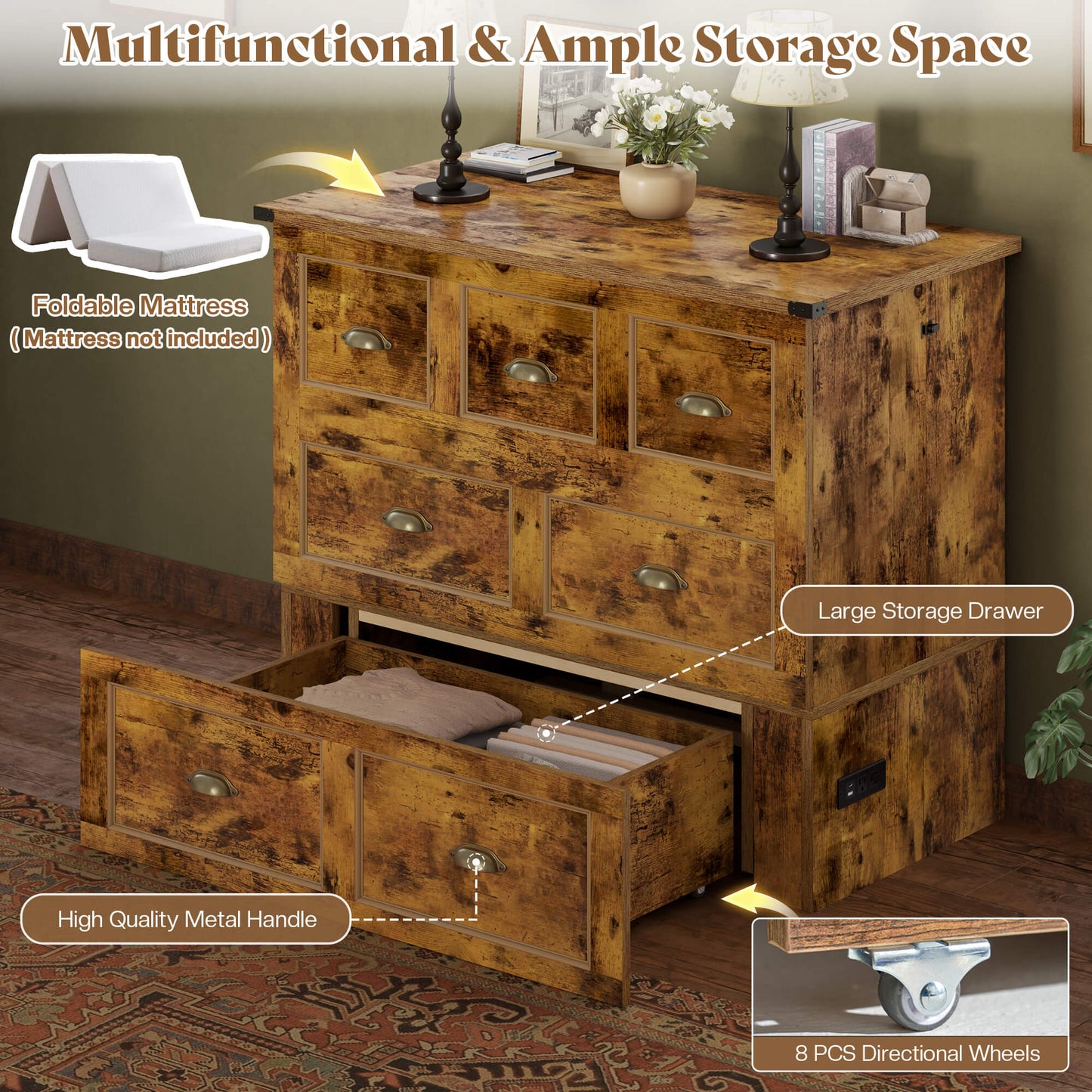 Haven Farmhouse Murphy Bed with Storage - T-BROWN