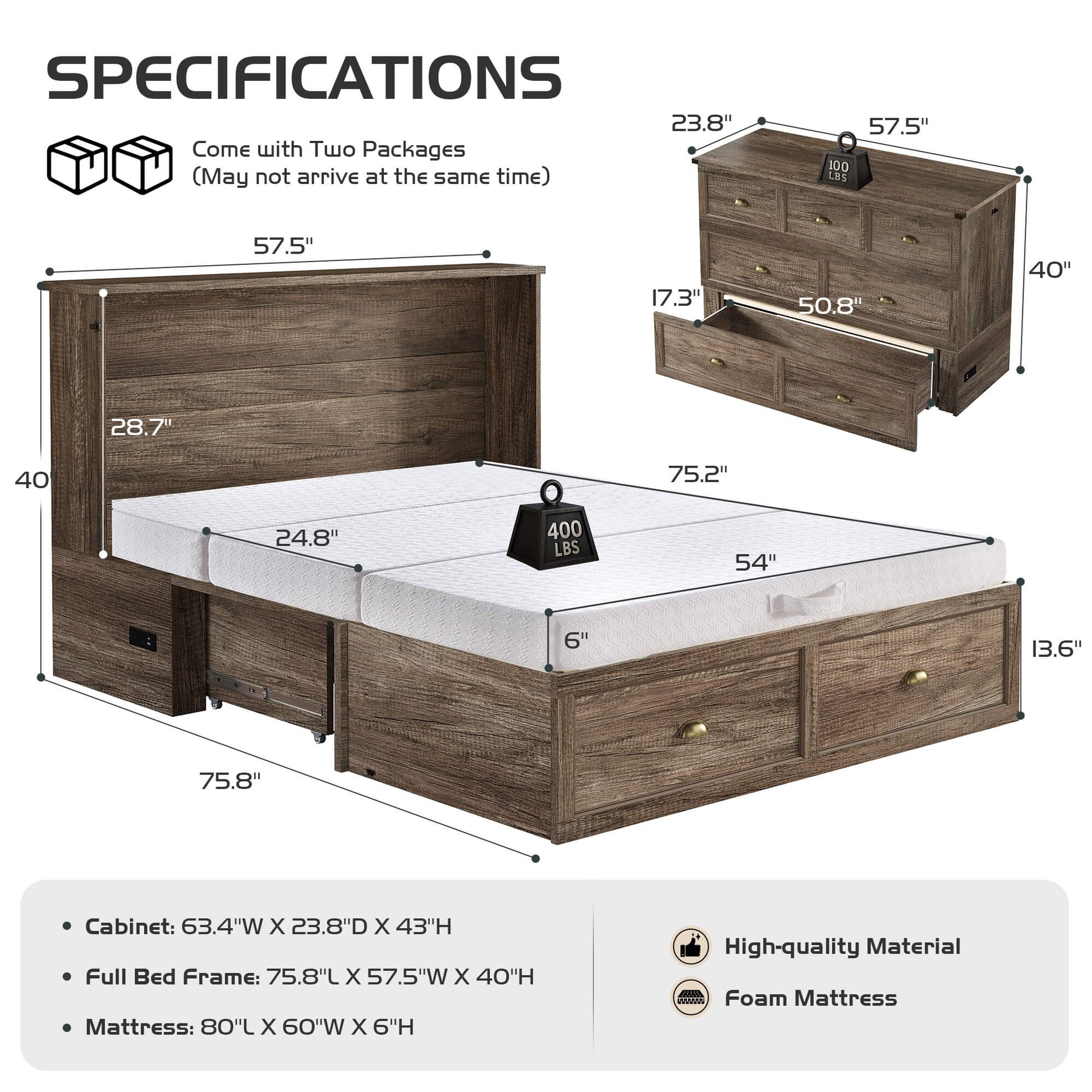 Haven Farmhouse Murphy Bed with Storage - F-GREY