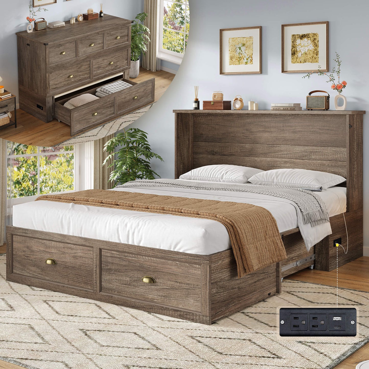 Haven Farmhouse Murphy Bed with Storage - F-GREY