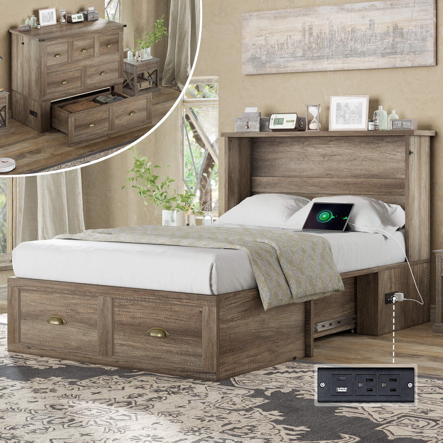 Haven Farmhouse Murphy Bed with Storage - T-GREY