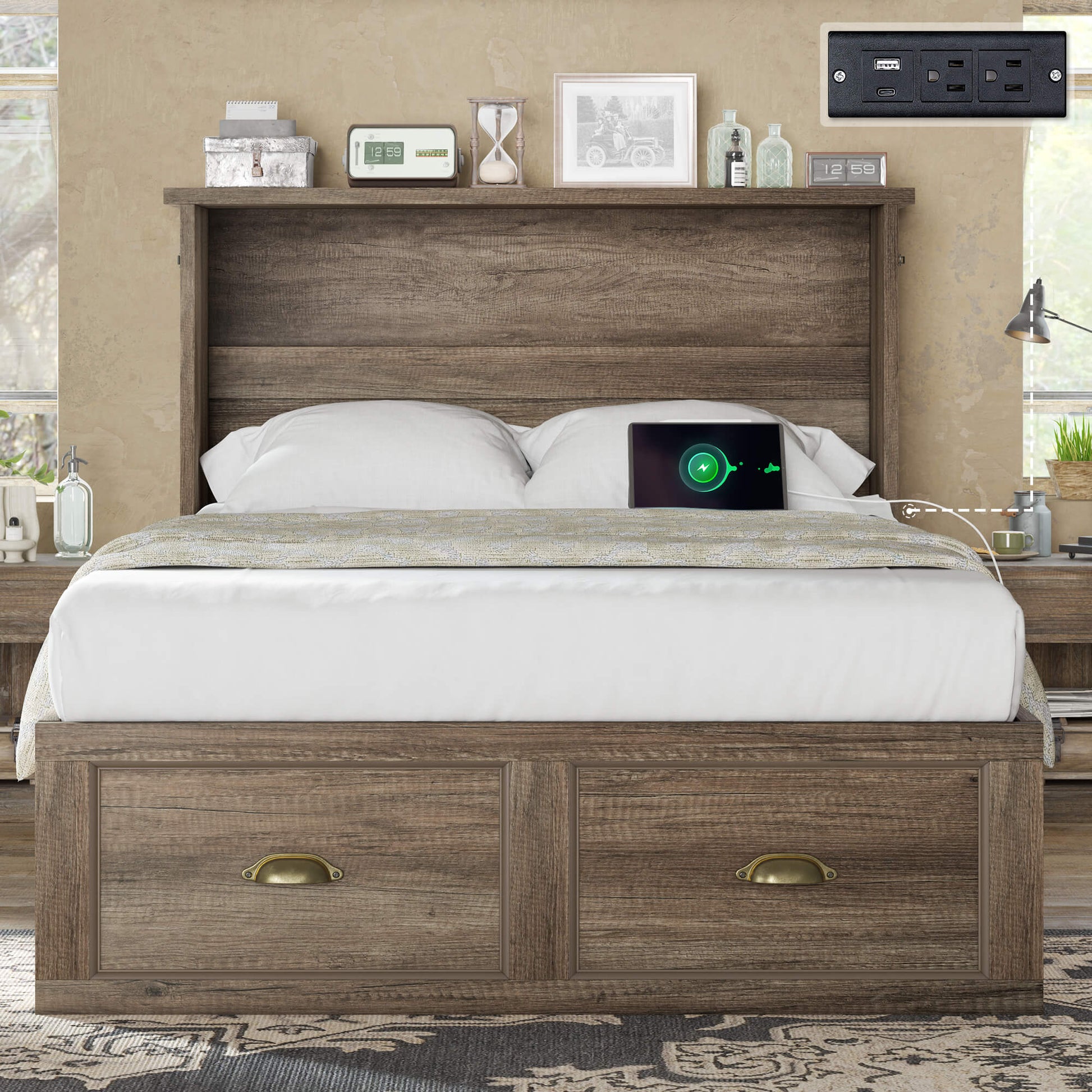 Haven Farmhouse Murphy Bed with Storage - T-GREY