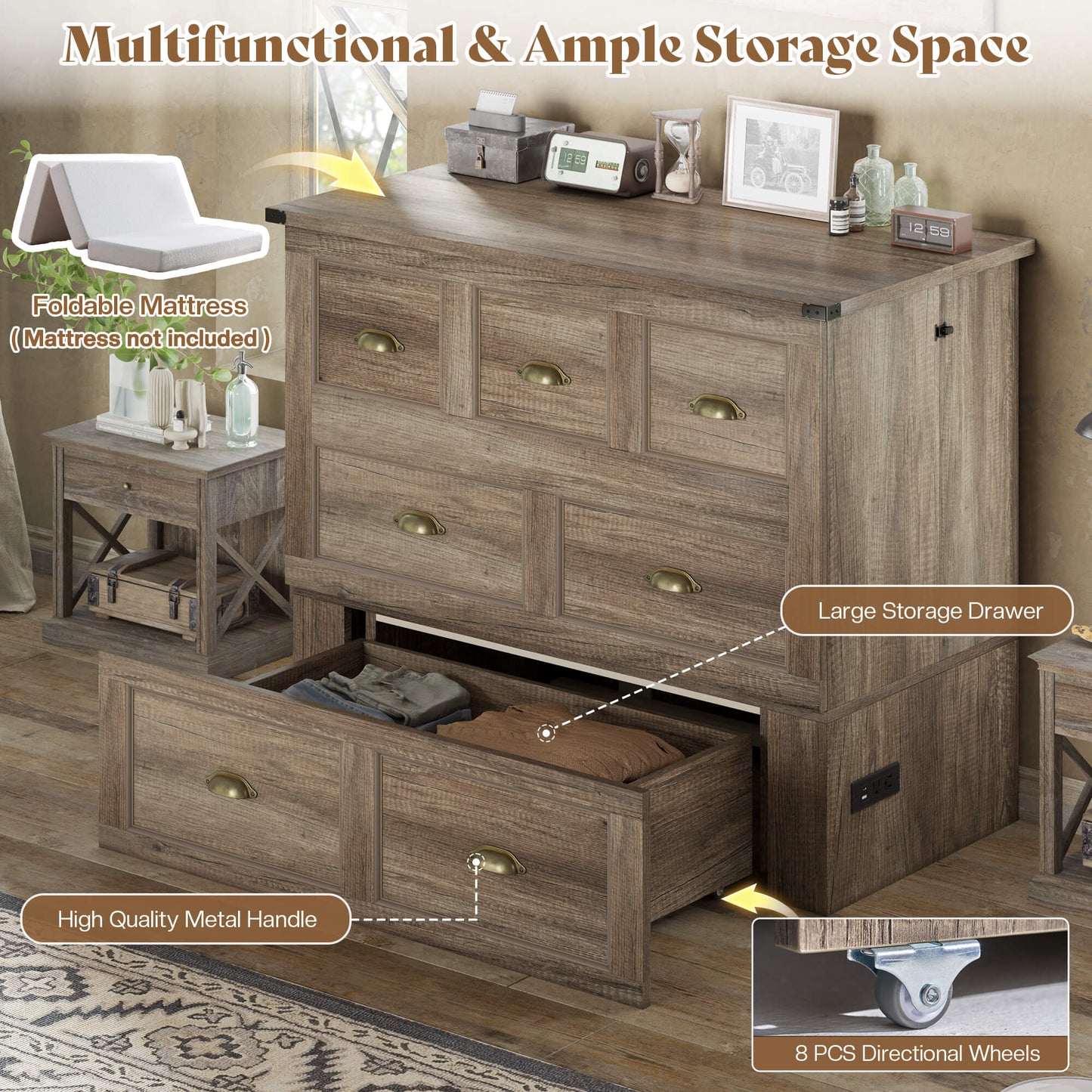 Haven Farmhouse Murphy Bed with Storage - T-GREY