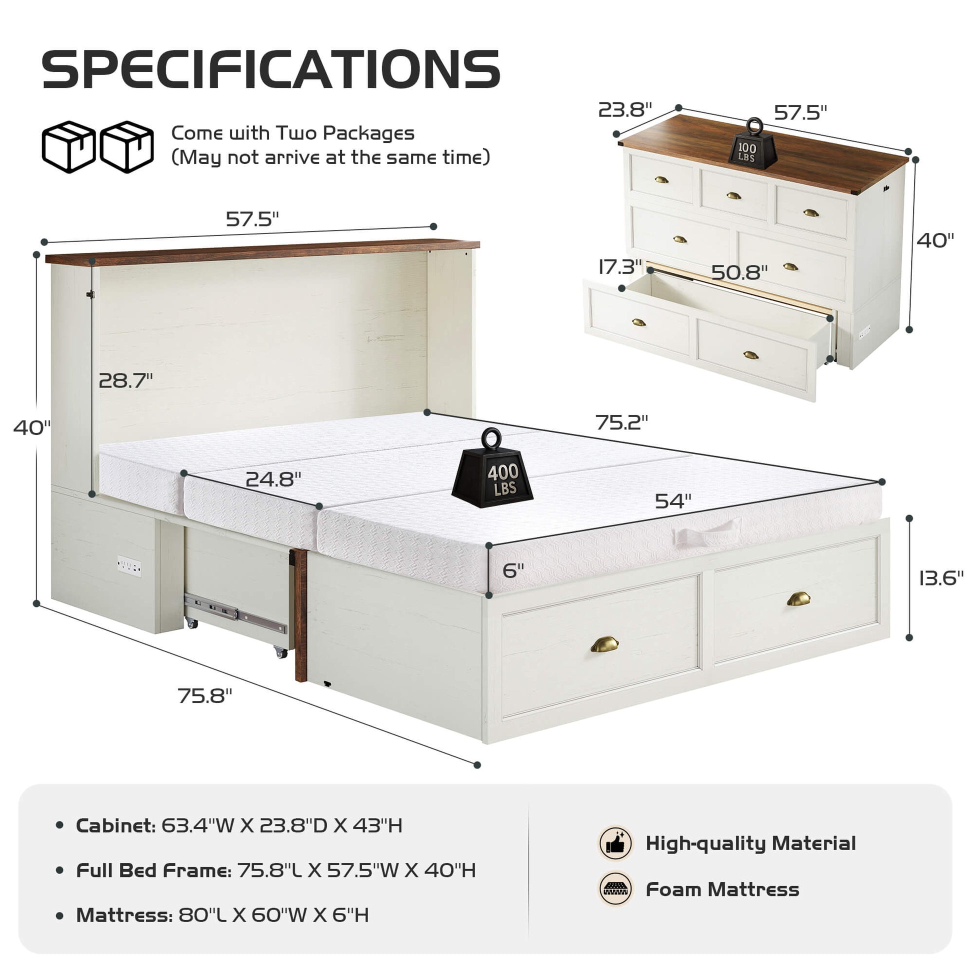 Haven Farmhouse Murphy Bed with Storage - F-WHITE