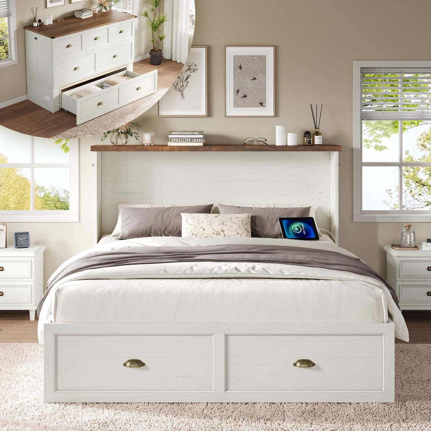 Haven Farmhouse Murphy Bed with Storage - F-WHITE