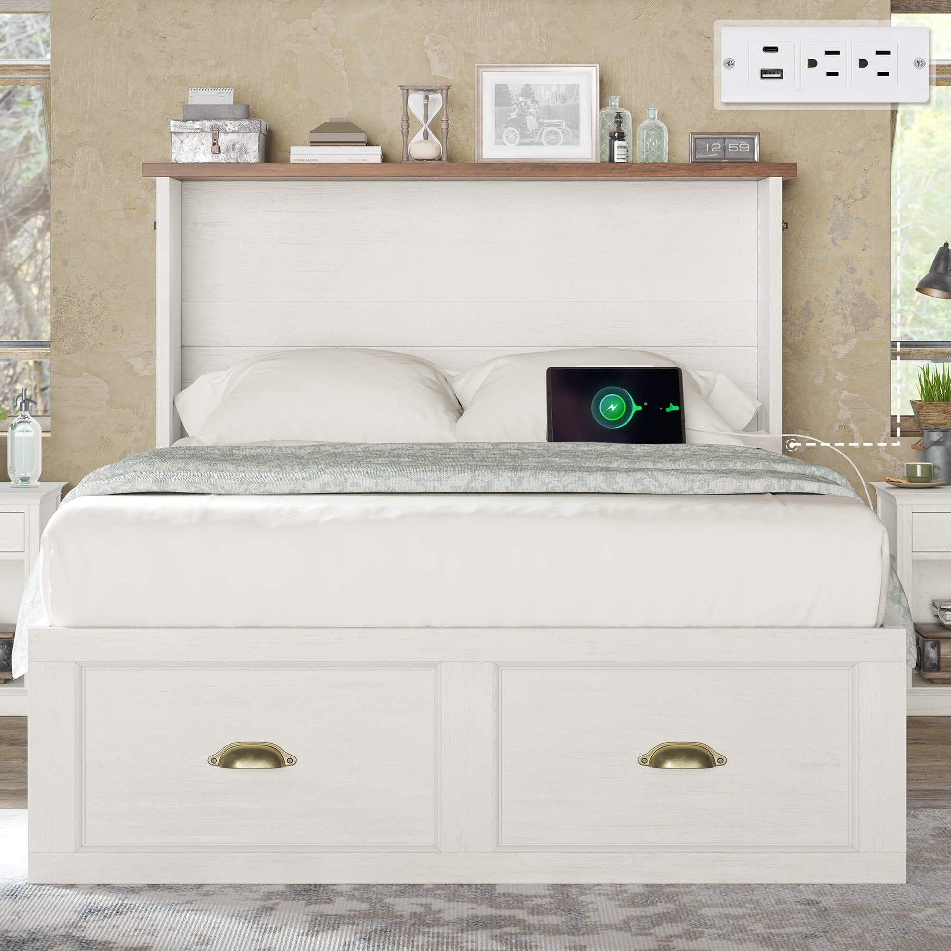 Haven Farmhouse Murphy Bed with Storage - T-WHITE