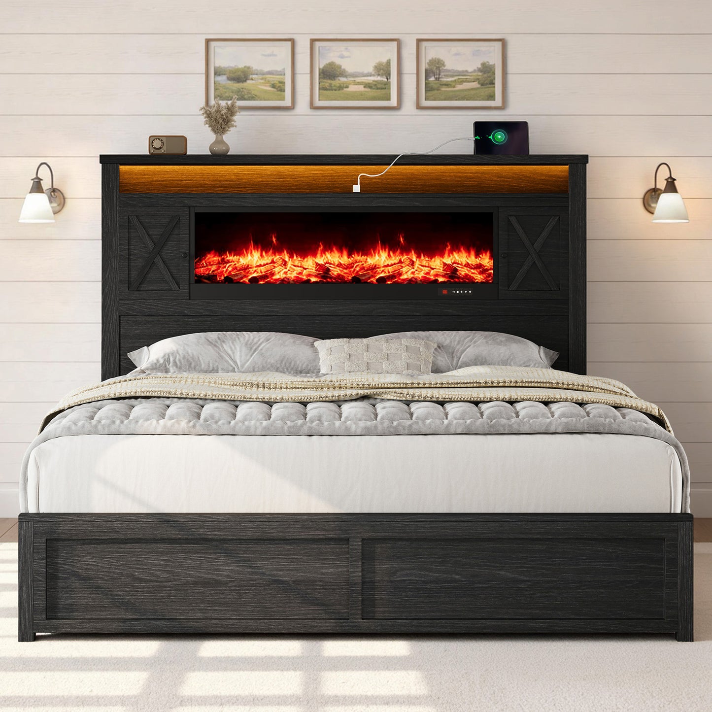 Hearth Farmhouse Fireplace Bed Amerlife King / Black