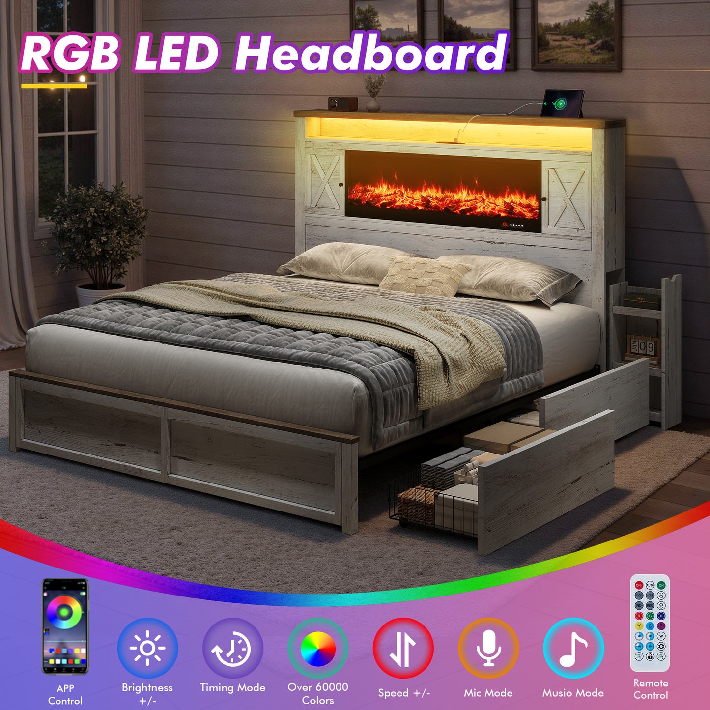 Hearth Farmhouse Fireplace Bed Amerlife King / White