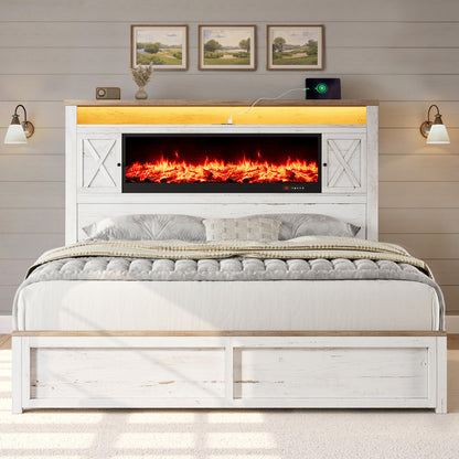 Hearth Farmhouse Fireplace Bed Amerlife Queen / White
