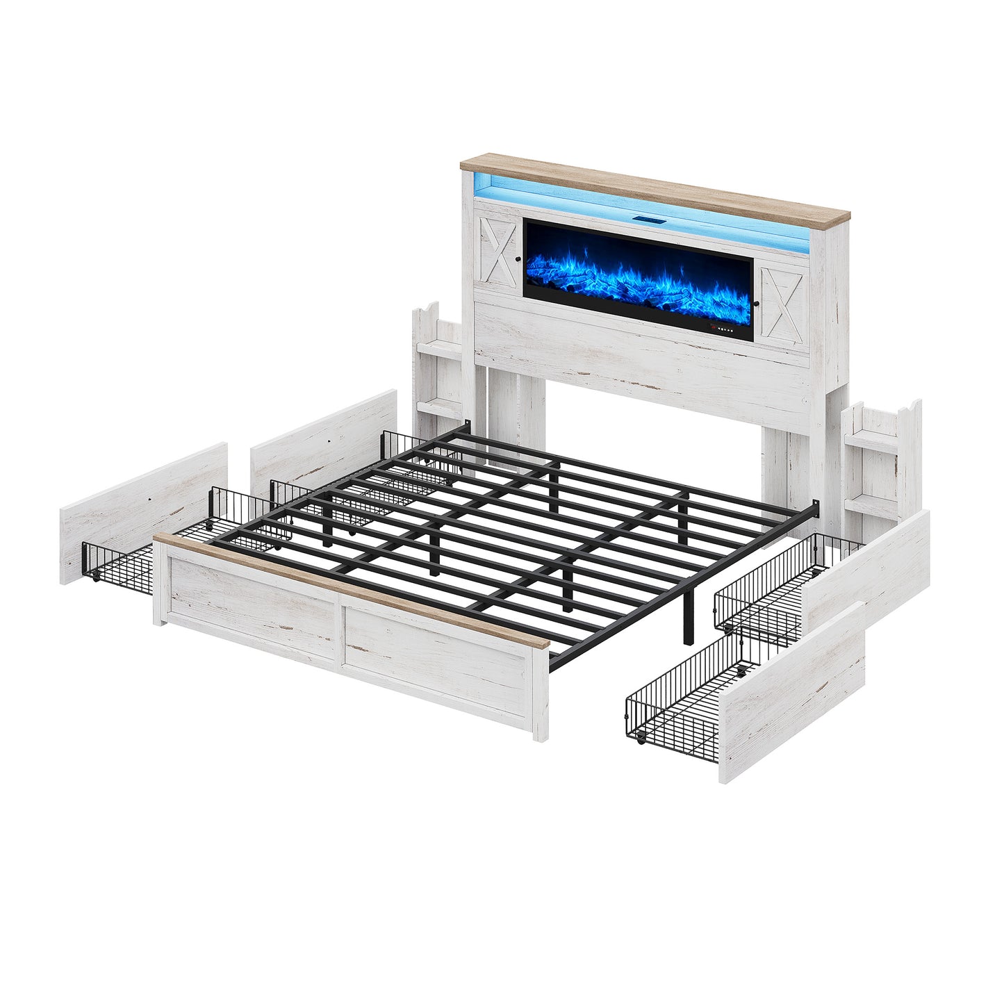 Hearth Farmhouse Fireplace Bed Amerlife Queen / White