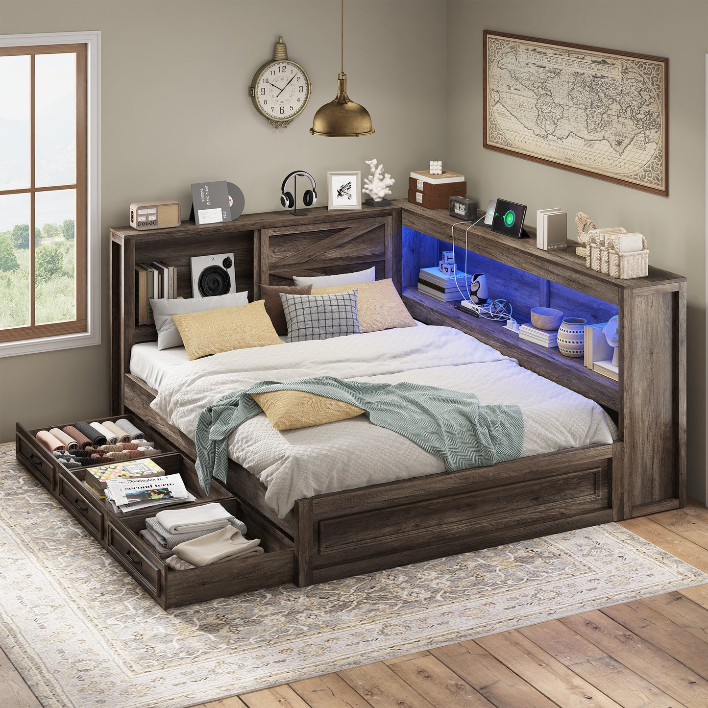 Slide Farmhouse Corner Bed Frame Amerlife Rustic Gray / Twin