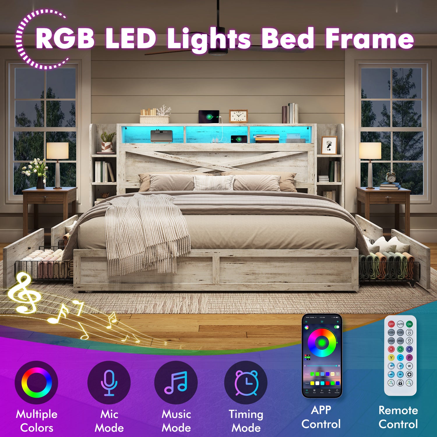 Stow Bed with Bookcase Headboard Amerlife King / White