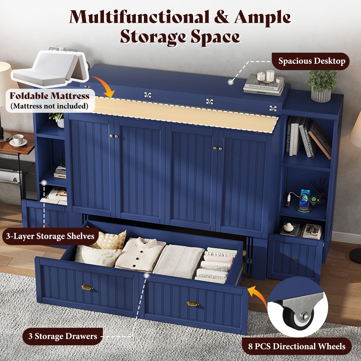 Slat Farmhouse Murphy Bed Amerlife Queen / Blue